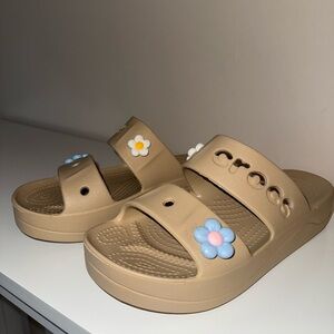 CROCS Tan and Blue Sandals with Floral Accents